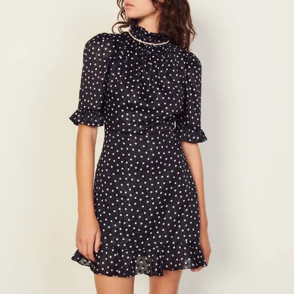 NWT Sandro Pearl Embellished Polka Dot Dress